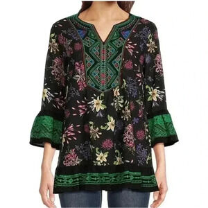 Calessa Botanical Floral Print 3/4 Bell Sleeve Embroidered Tunic Shirt Size 3X